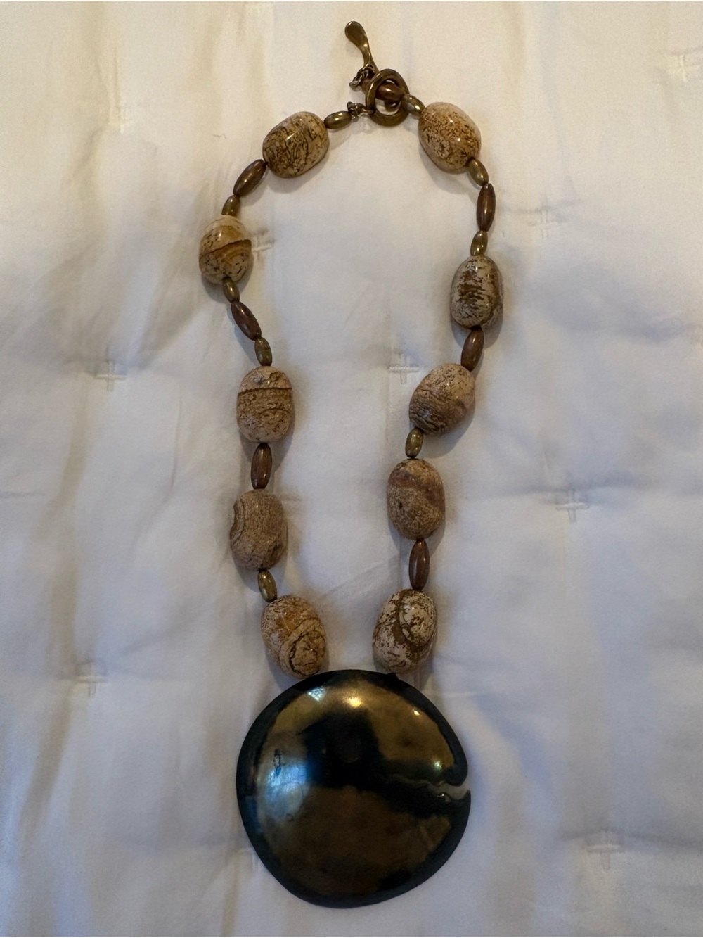 Boho Brown Bead Necklace with Large Metallic Bronze Pendant